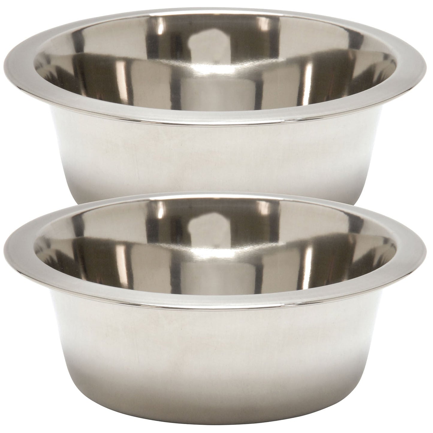 Two stainless steel pet bowls nested together, showing polished rims and interiors.
