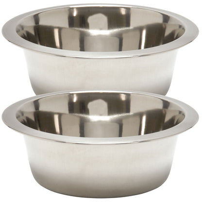 Two stainless steel pet bowls nested together, showing polished rims and interiors.