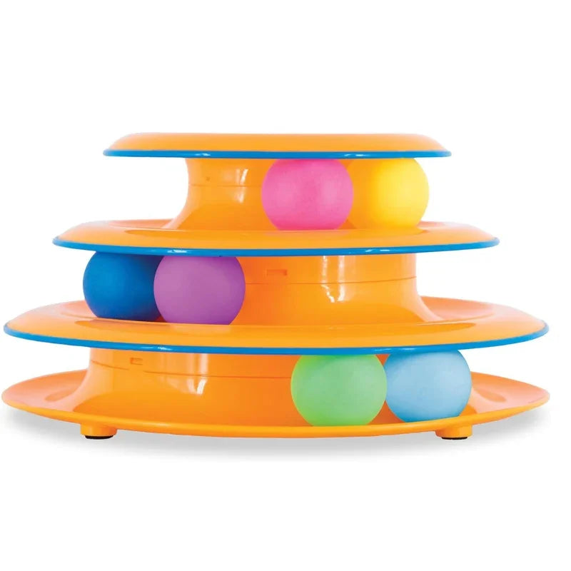 WTN Essentials 3-Tier Cat Track Toy with colorful spinning balls in an orange tower