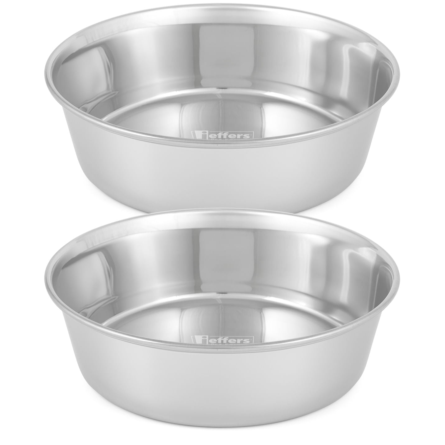 Two stainless steel pet bowls stacked vertically, showing polished interior rims.