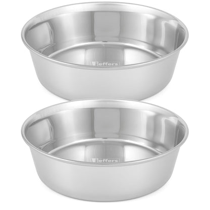 Two stainless steel pet bowls stacked vertically, showing polished interior rims.
