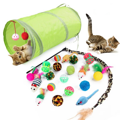 Cat play tunnel and assorted toys set with feather wand, plush mice, and ball toys