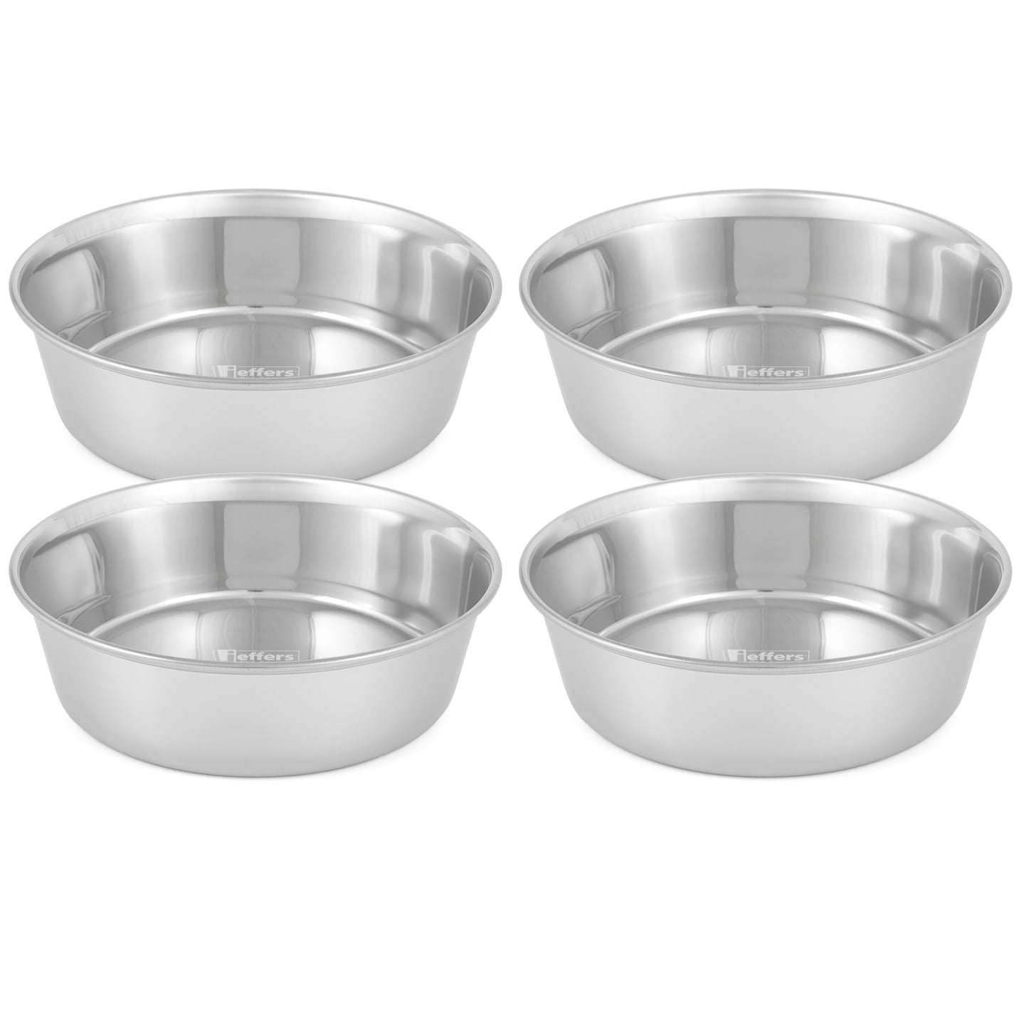 Two-by-two arrangement of stainless steel pet bowls, rounded polished interiors.