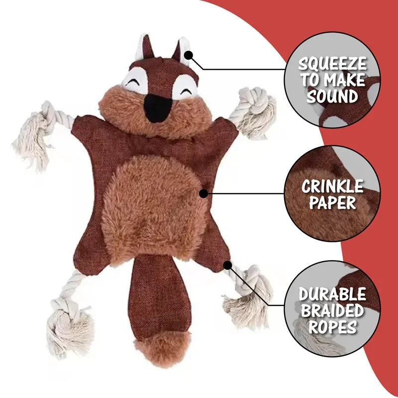 Squirrel dog toy with crinkle paper, durable braided ropes, and squeeze sound for playful pets