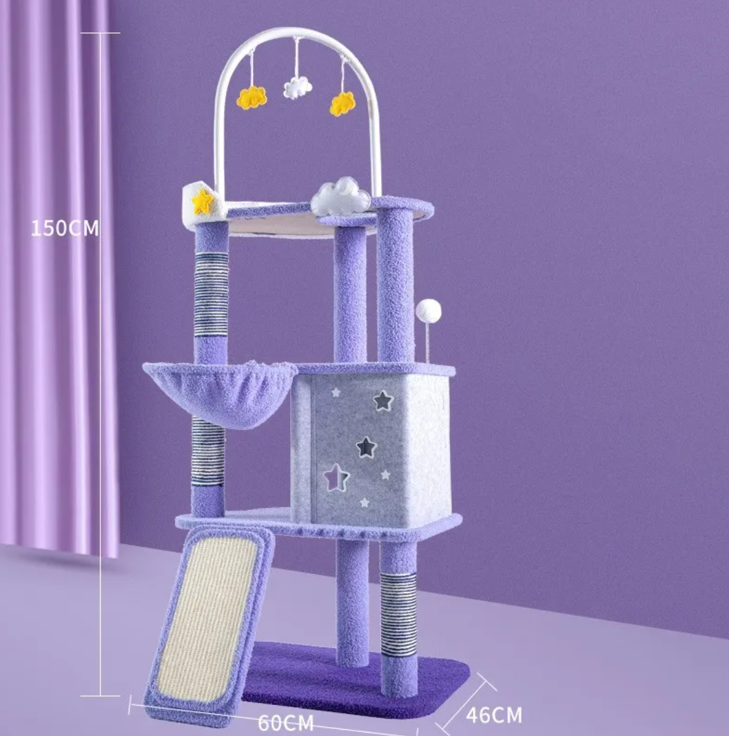 Cat climbing platform with light purple frame, arched top bar, and star-themed hanging toys