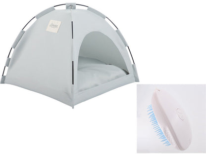 Light gray pet tent bed with arched frame and white padded interior