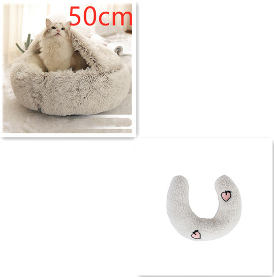 Light gray plush pet bed, U-shaped rim, 50cm; includes white U-shaped bolster