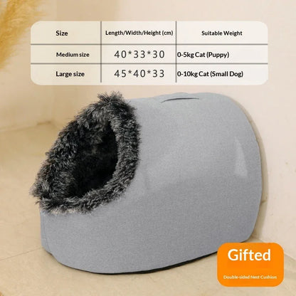 Pet Zen enclosed winter cat bed in grey with size chart for cats and small dogs