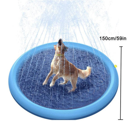 Blue round inflatable sprinkler cooling mat with water falling as a dog plays