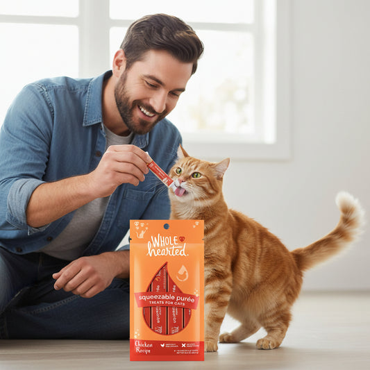 WholeHearted squeezeable puree cat treats box, chicken recipe, 0.5 oz pack of 4