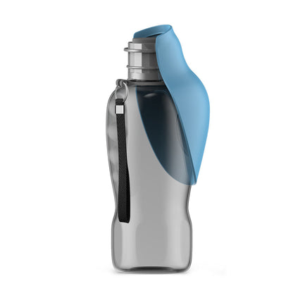 Portable dog water bottle with built-in drinking bowl, blue-gray and clear body