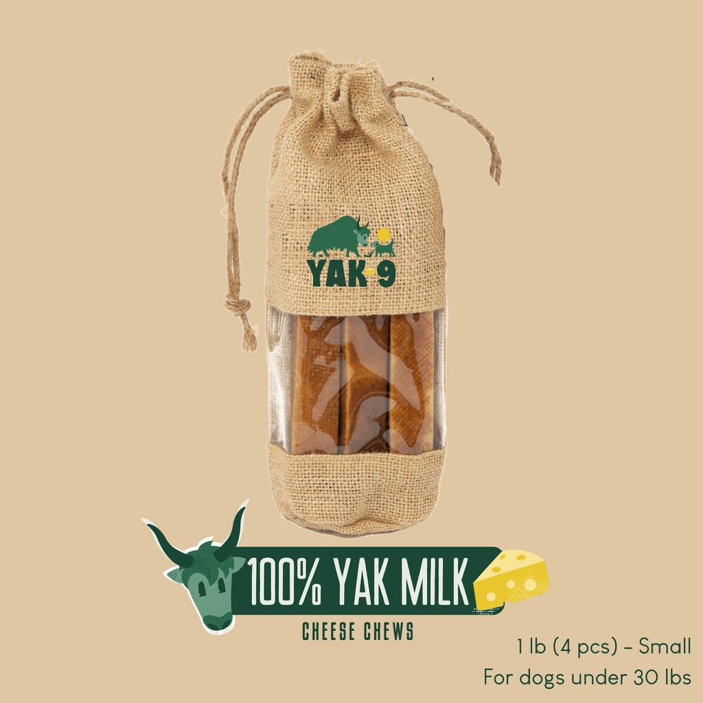 Yak milk cheese chew pouch in burlap bag with wrapped brown chew pieces