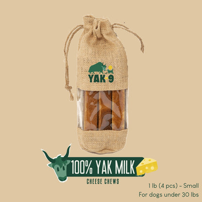 Yak milk cheese chew pouch in burlap bag with wrapped brown chew pieces