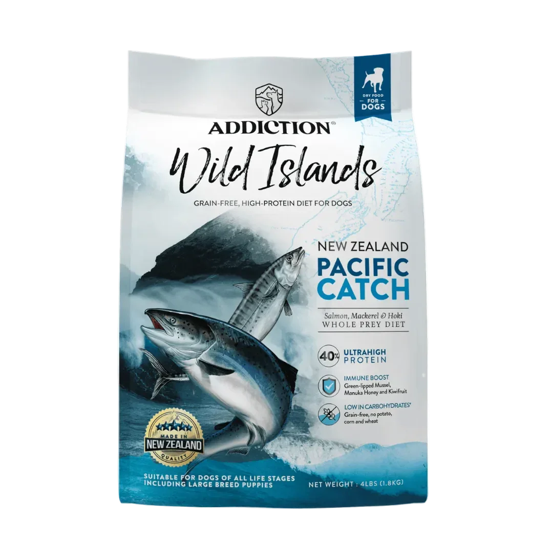 Pacific Catch premium dry dog food bag with fish illustrations and ADDICTION branding