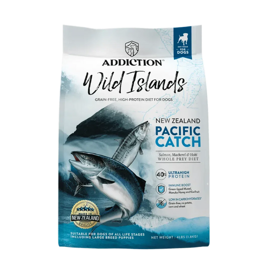 Pacific Catch premium dry dog food bag with fish illustrations and ADDICTION branding