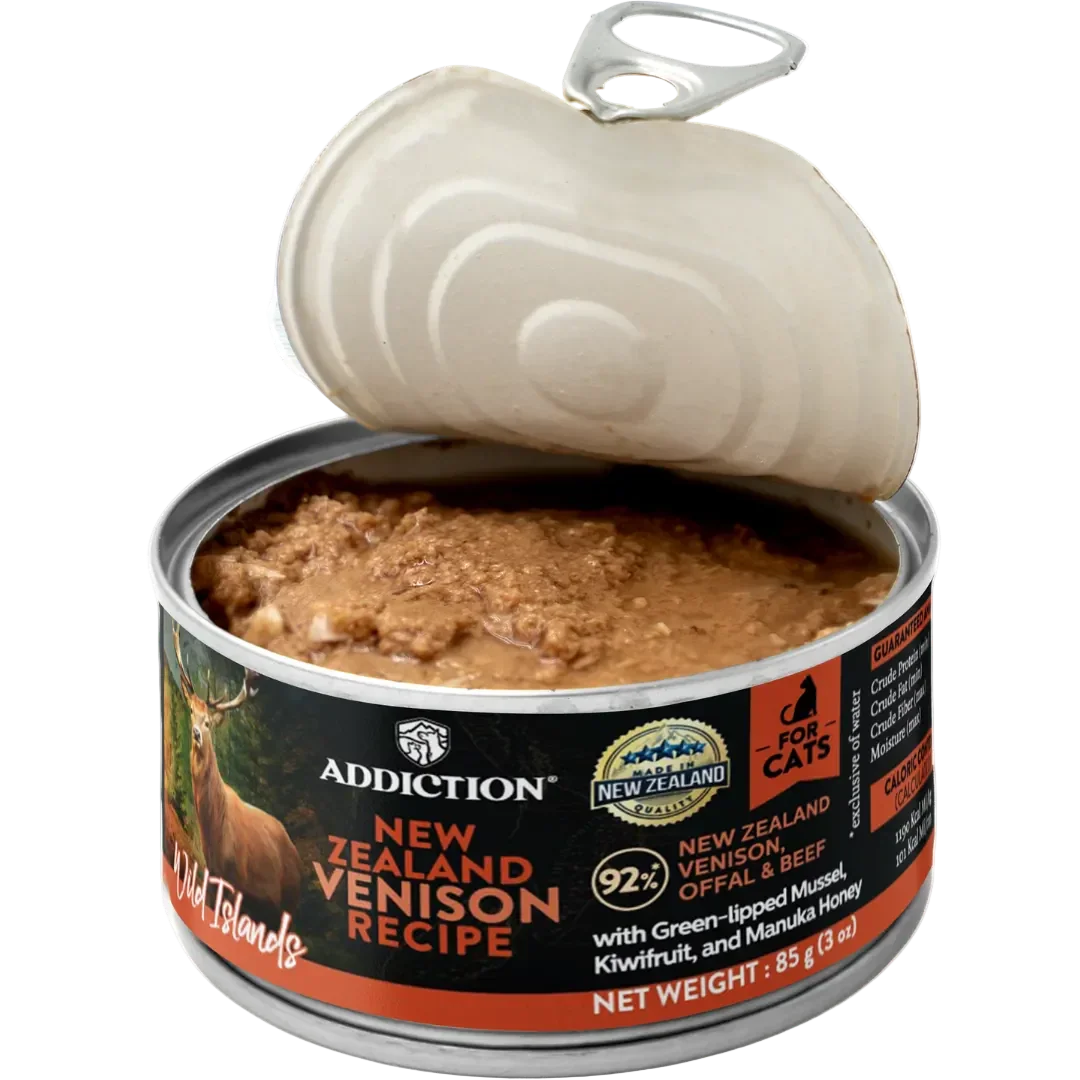 Opened Addiction Wild Islands New Zealand venison recipe cat food can, 85 g