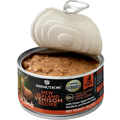 Opened Addiction Wild Islands New Zealand venison recipe cat food can, 85 g