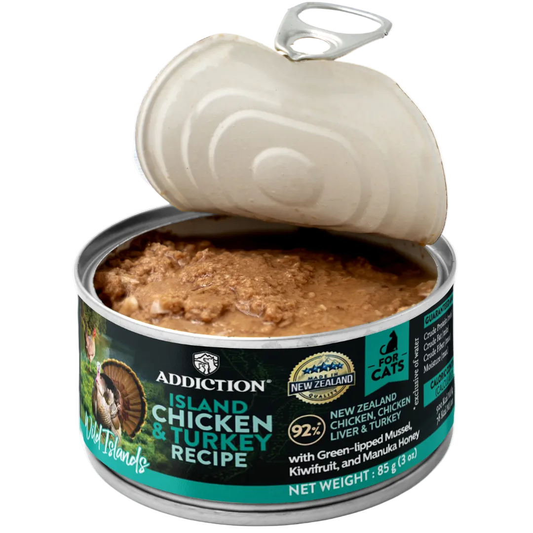 Opened Wild Islands chicken & turkey canned cat food with gravy, 85g