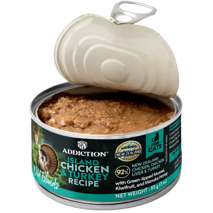 Opened Wild Islands chicken & turkey canned cat food with gravy, 85g