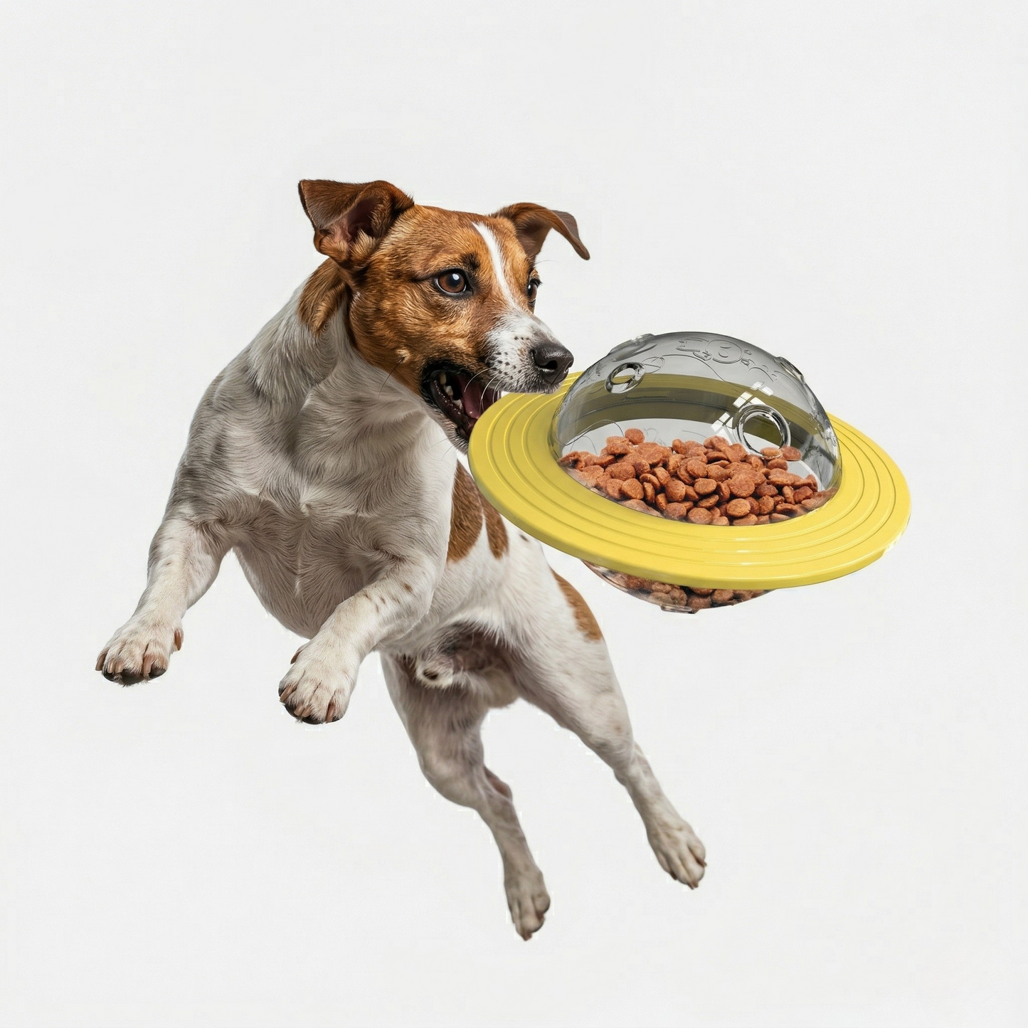 Yellow interactive dog treat toy with clear spinning dome and ridged base