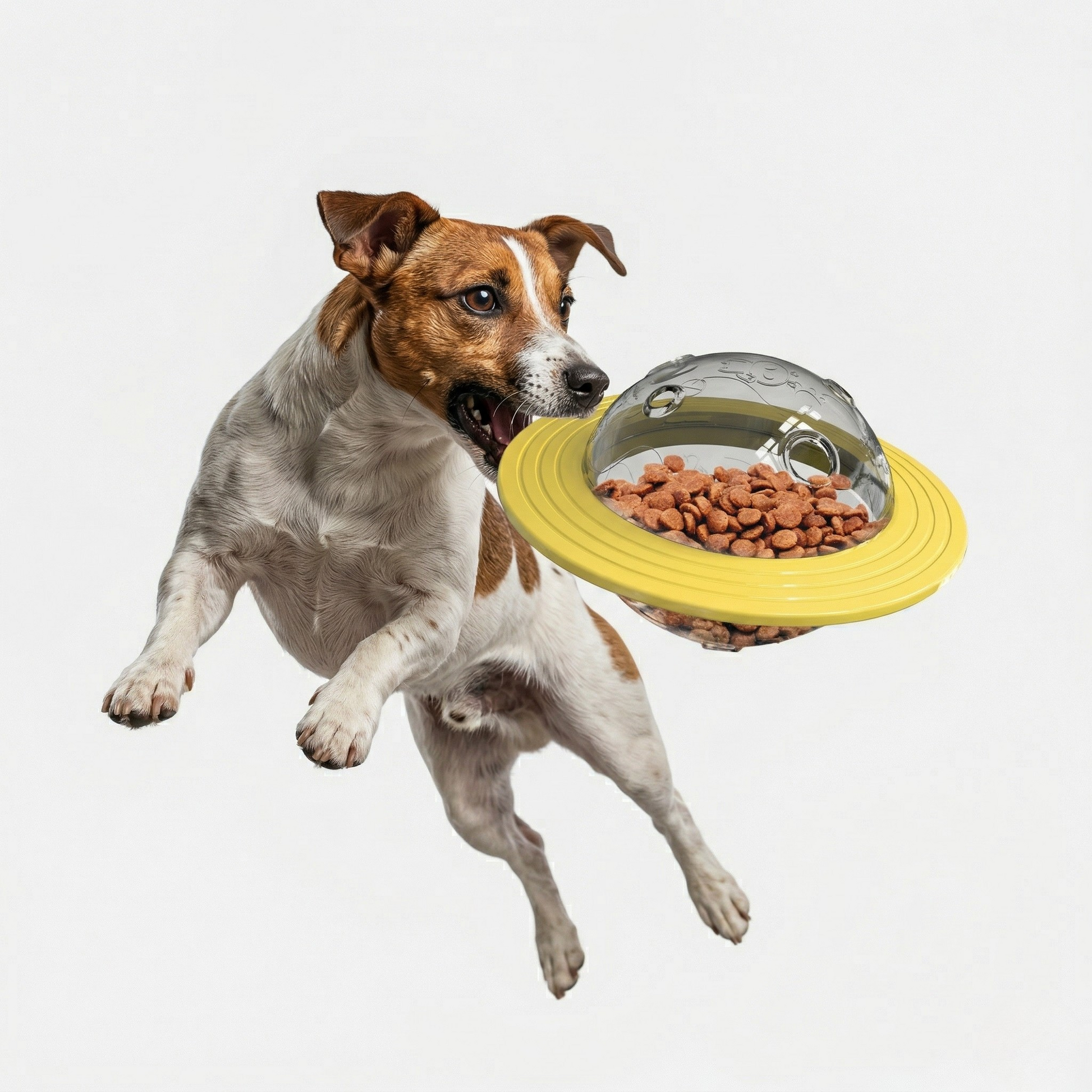Yellow interactive dog treat toy with clear spinning dome and ridged base