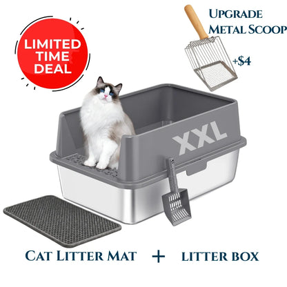Charcoal XXL stainless steel cat litter box with metal scoop and litter mat