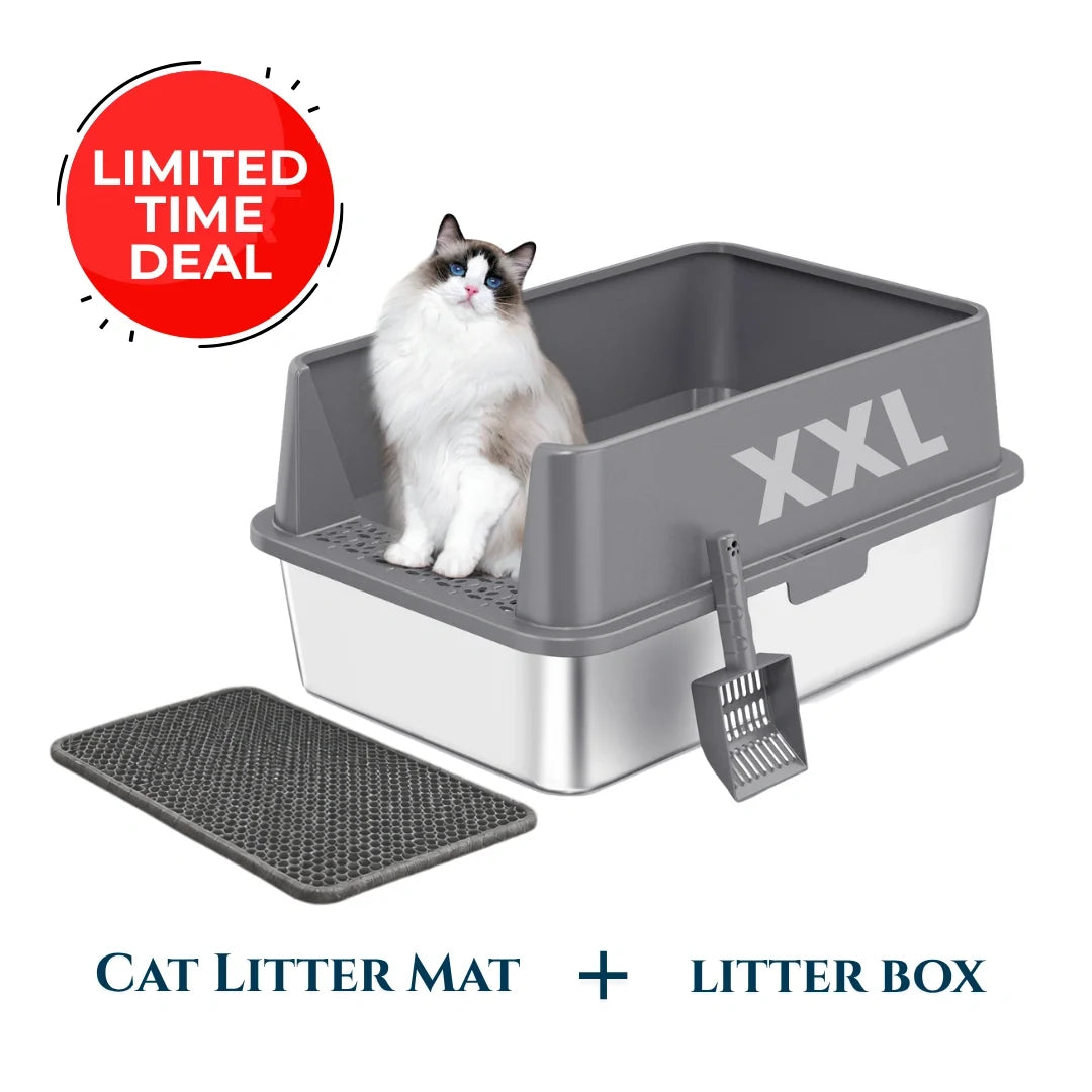 XXL 304 stainless steel cat litter box with gray litter mat and scoop, side entry