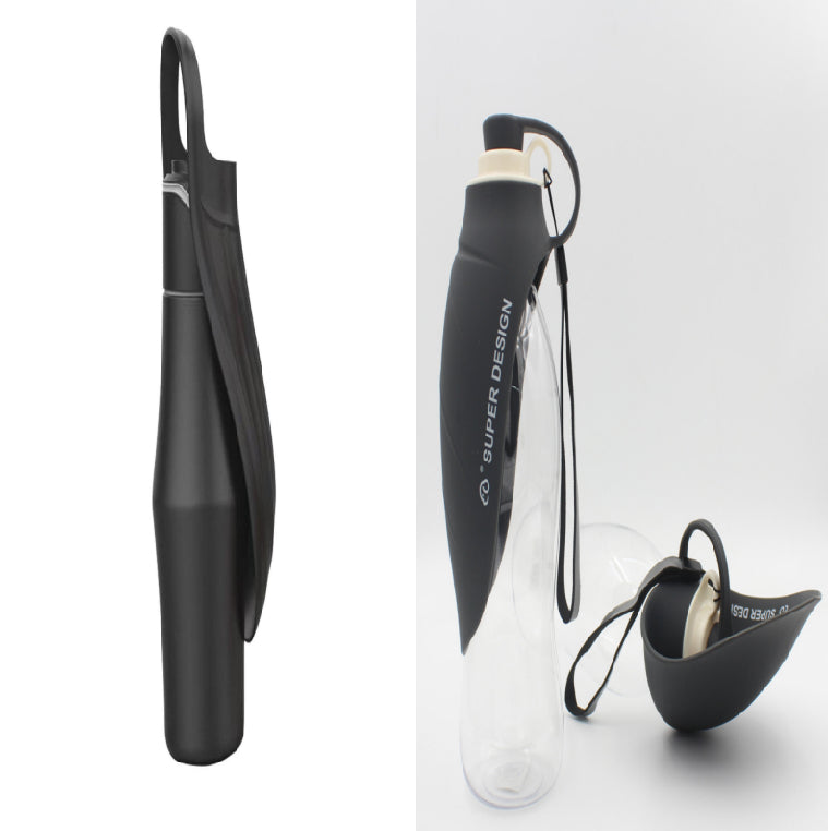 Black portable pet water bottle with strap and clear drinking cup