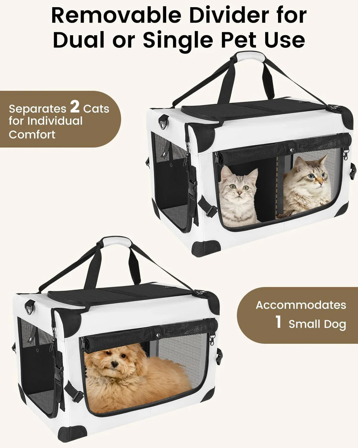 Soft-sided cat carrier with removable divider for dual openings, grey/black, mesh sides.