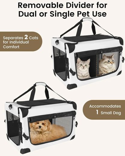 Soft-sided cat carrier with removable divider for dual openings, grey/black, mesh sides.