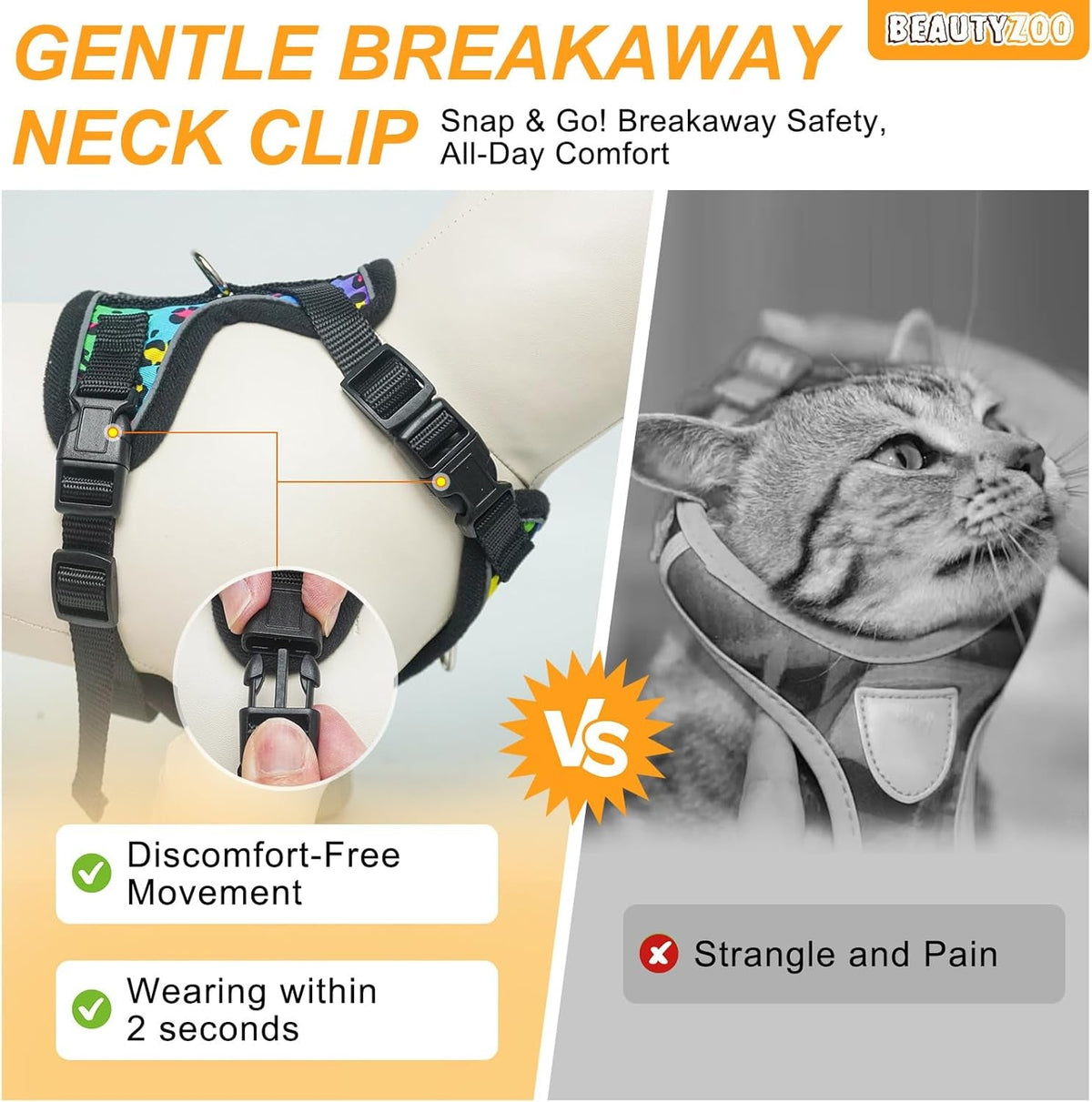 Cat harness with snap neck clip and adjustable straps, colorful paw print vest