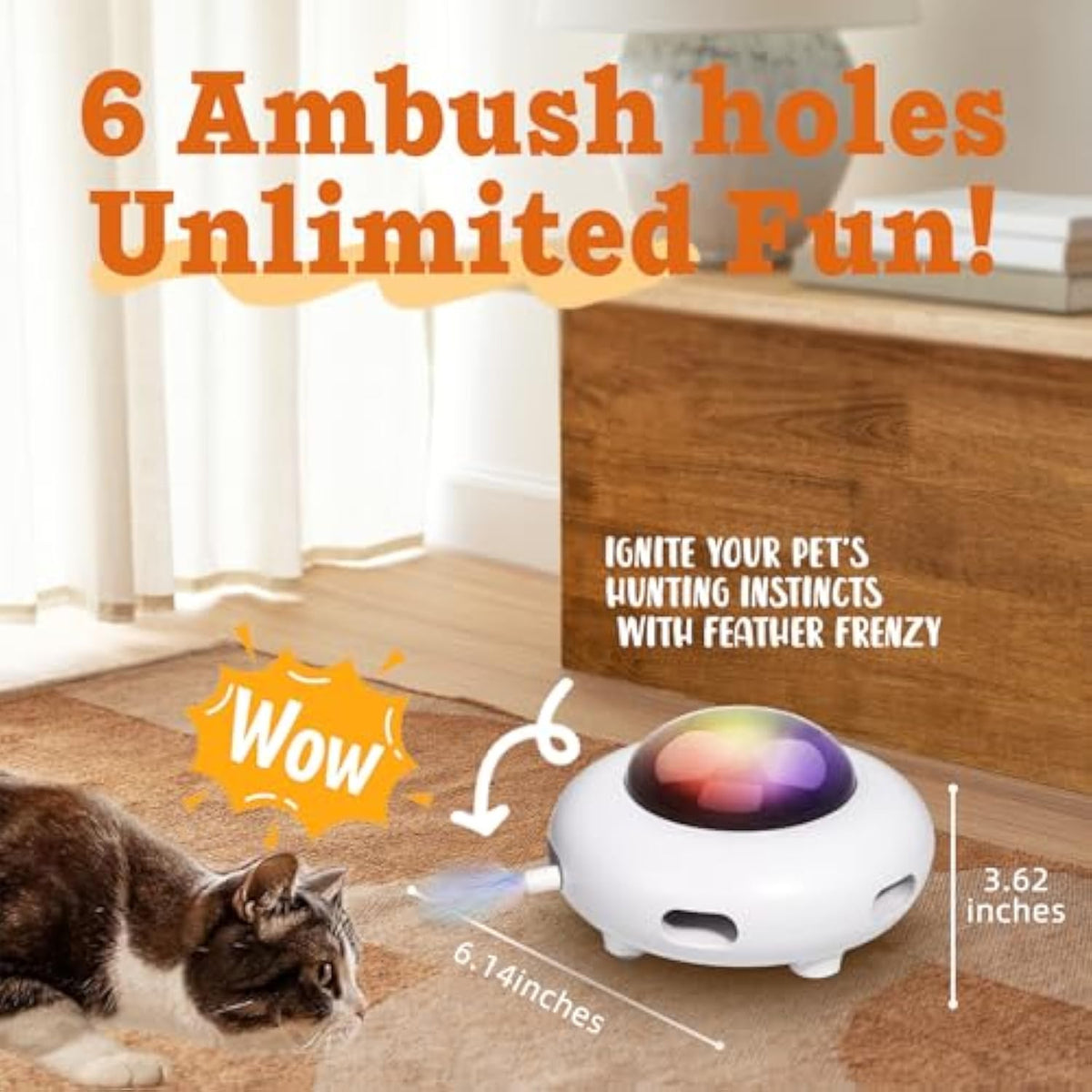White automatic LED cat UFO toy on floor with glowing multicolor dome