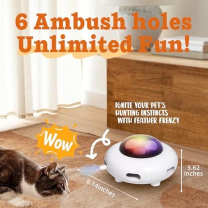 White automatic LED cat UFO toy on floor with glowing multicolor dome