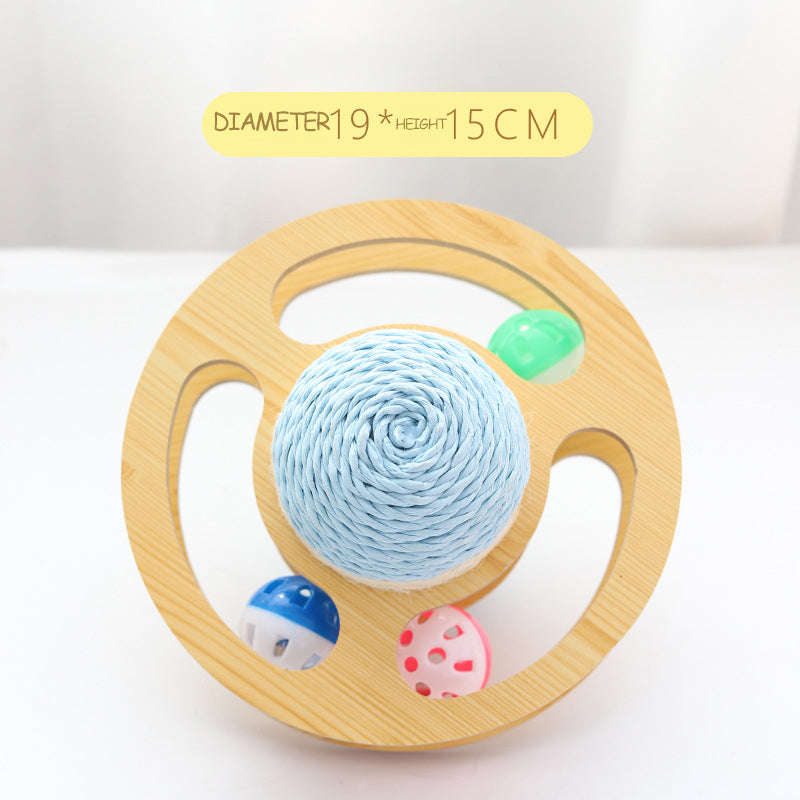 Blue sisal rope ball cat scratcher with circular wooden track and colorful toy balls