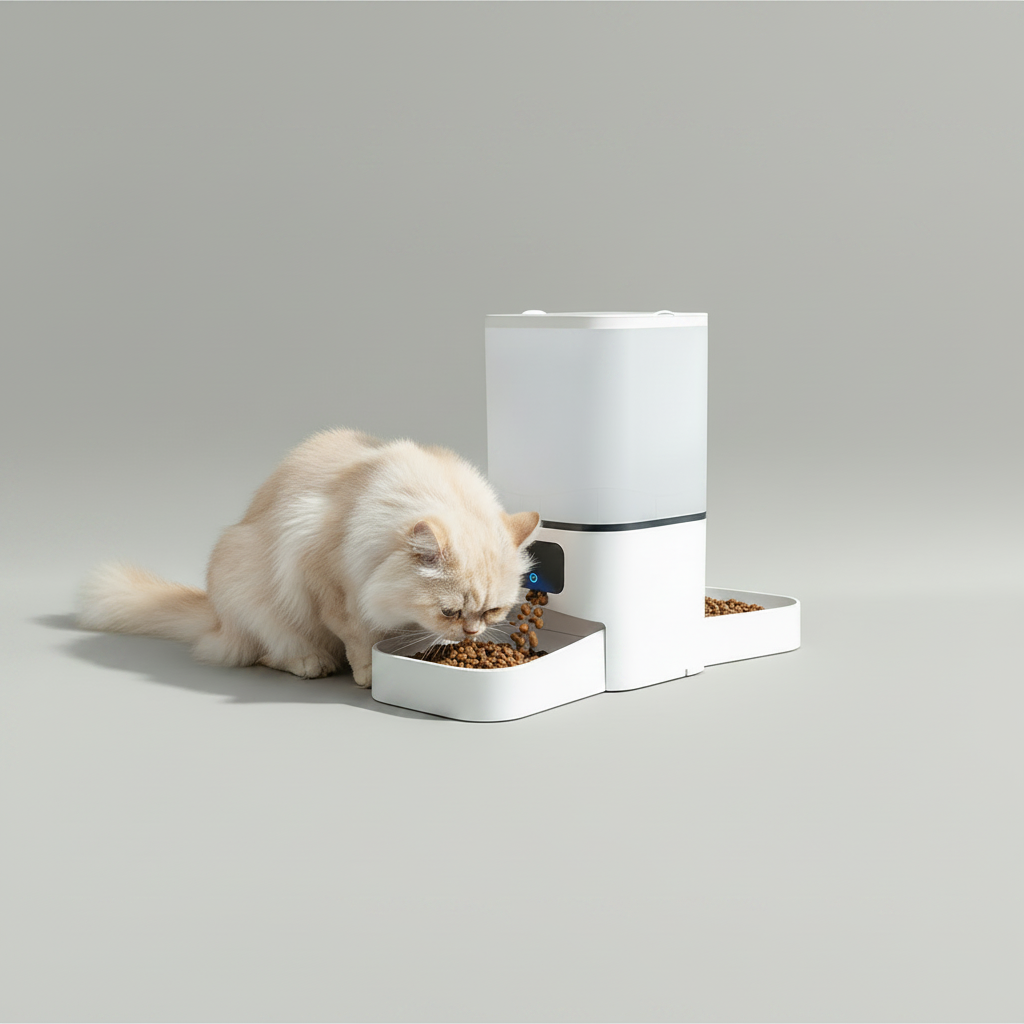White automatic pet feeder beside white cat eating kibble from bowl