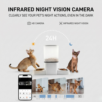 White smart pet feeder with camera housing and hopper for dry food storage