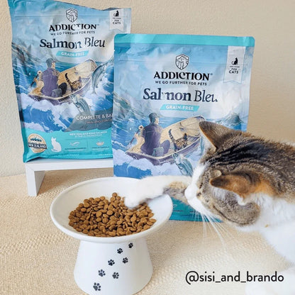Salmon Bleu grain-free dry cat food bags with cat and bowl of kibble
