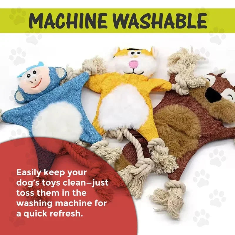 Machine washable dog toys: plush monkey, cat, and squirrel with rope tails for easy cleaning and play