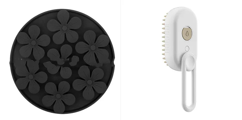 Cat steam brush set, black round massage pad and white handheld oval brush