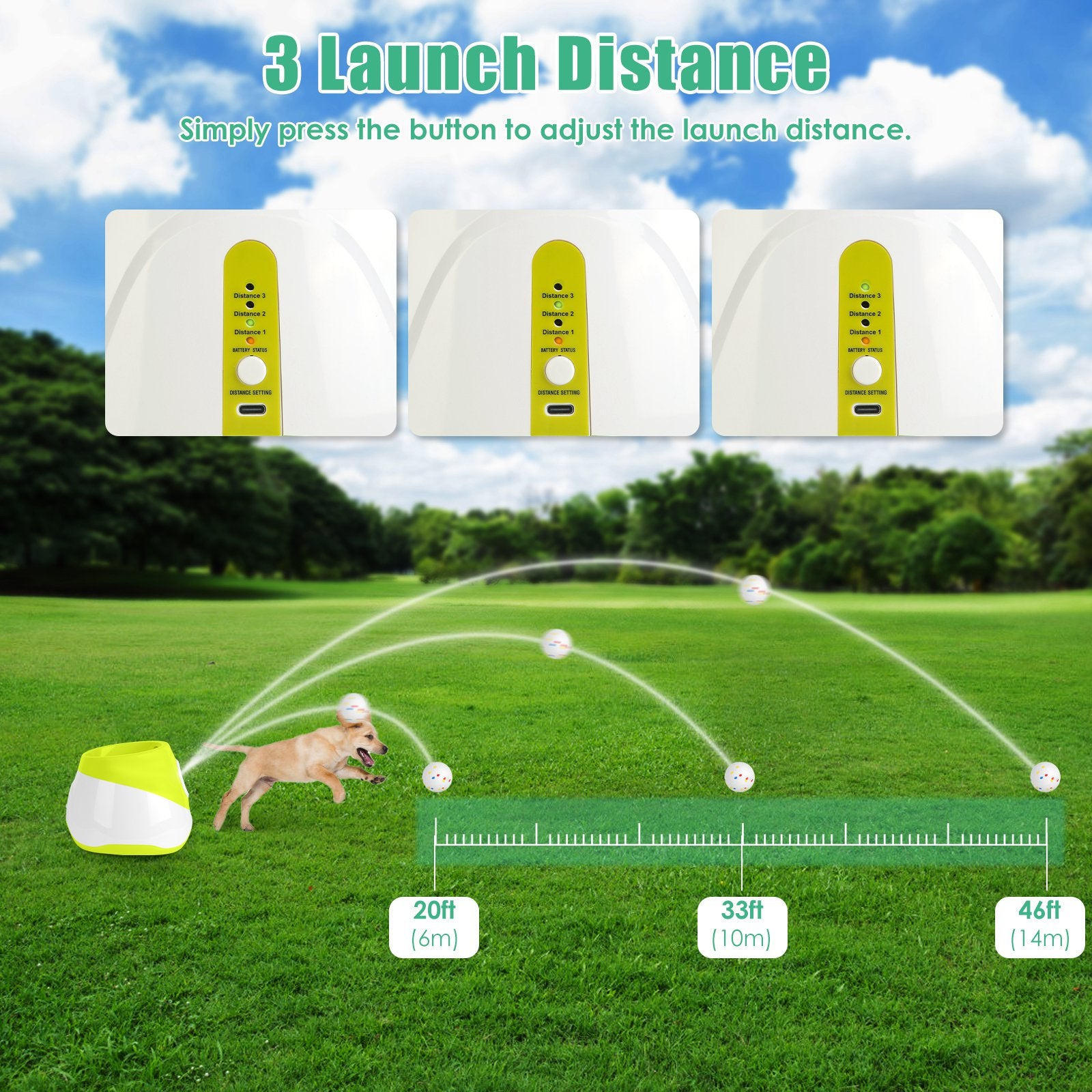 Green and white ball launcher on grass with speckled ball and launch distance range