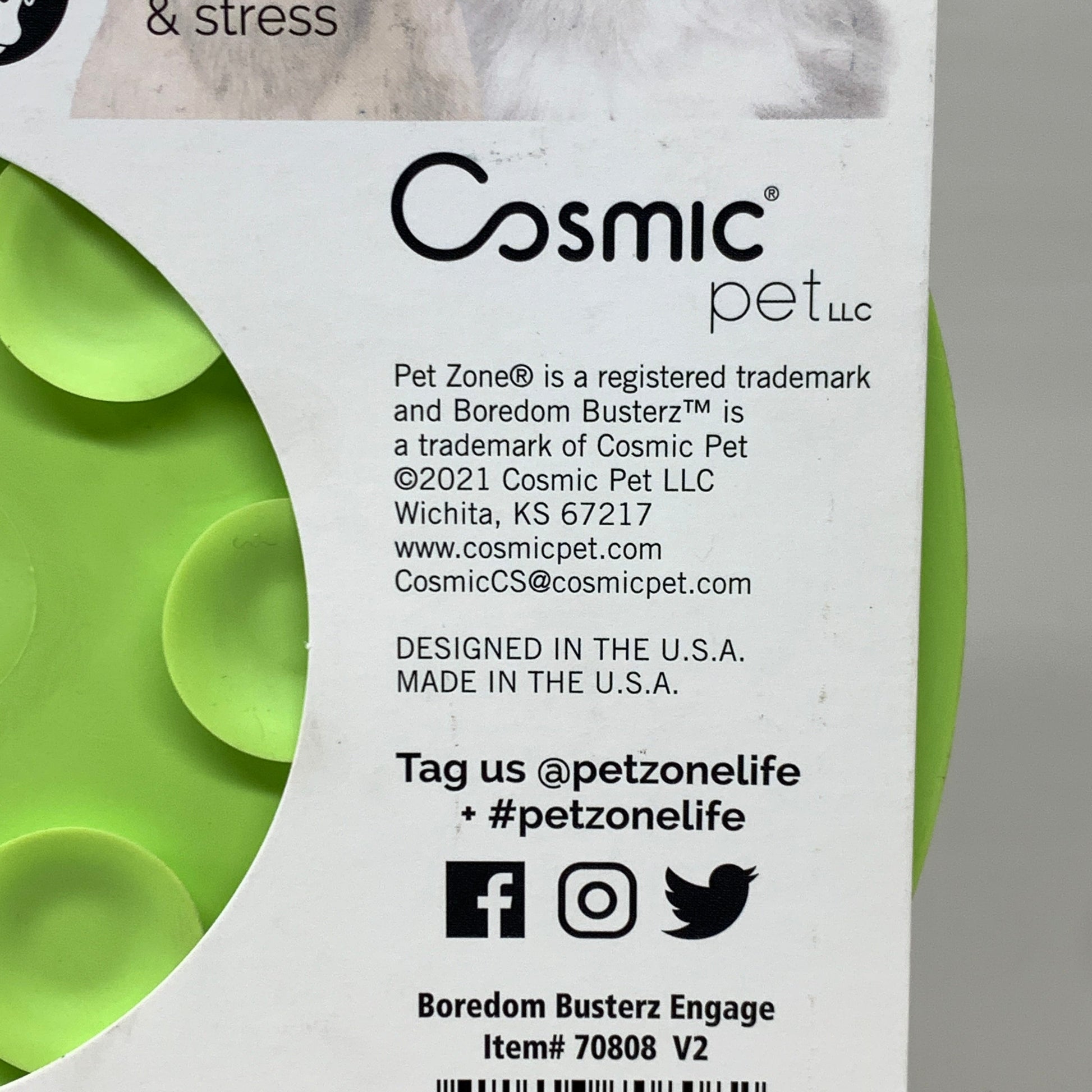 Cosmic Pet lick mat back panel with green mat edge and product icons