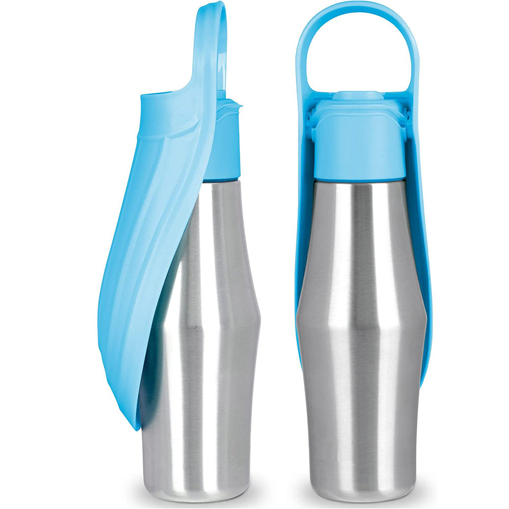 Light blue portable pet water bottle with stainless steel body and flip spout