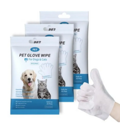 Pet glove wipe packs with white disposable gloves held in a hand