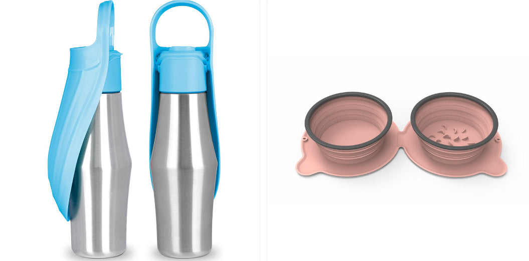 Portable pet dog water bottle set with soft silicone leaf bowls, light blue and pink