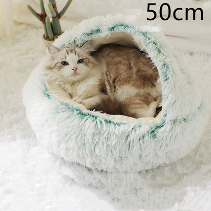 Light aqua plush round pet bed with raised rim, 50 cm