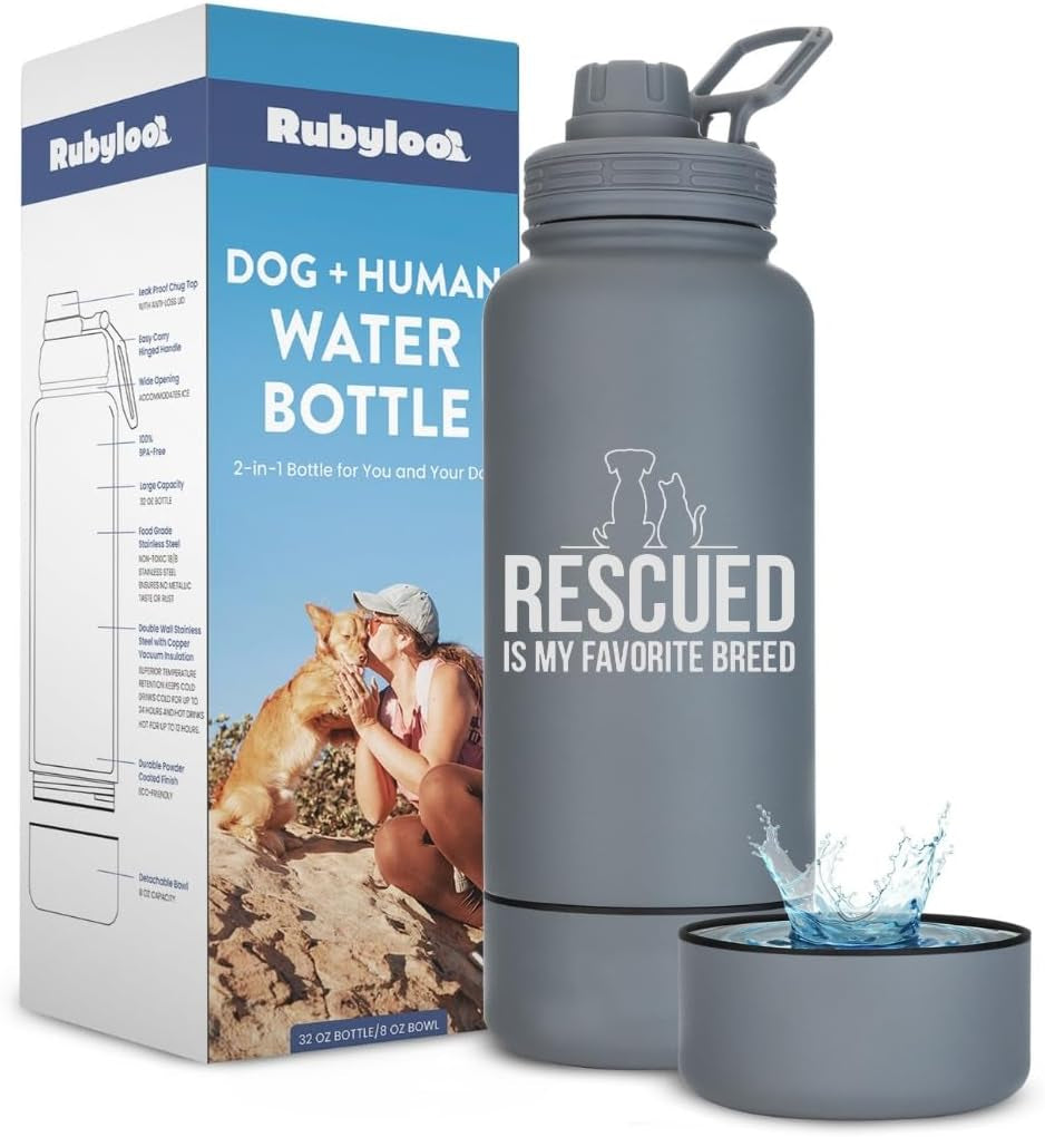 Insulated dog water bottle with gray finish, “Rescued is my favorite breed” text, plus bowl