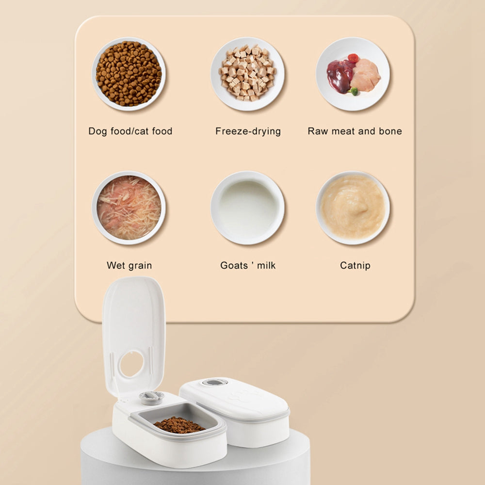 Pet feeder with open bowls and top compartment, showing multi-food option icons