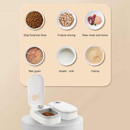 Pet feeder with open bowls and top compartment, showing multi-food option icons