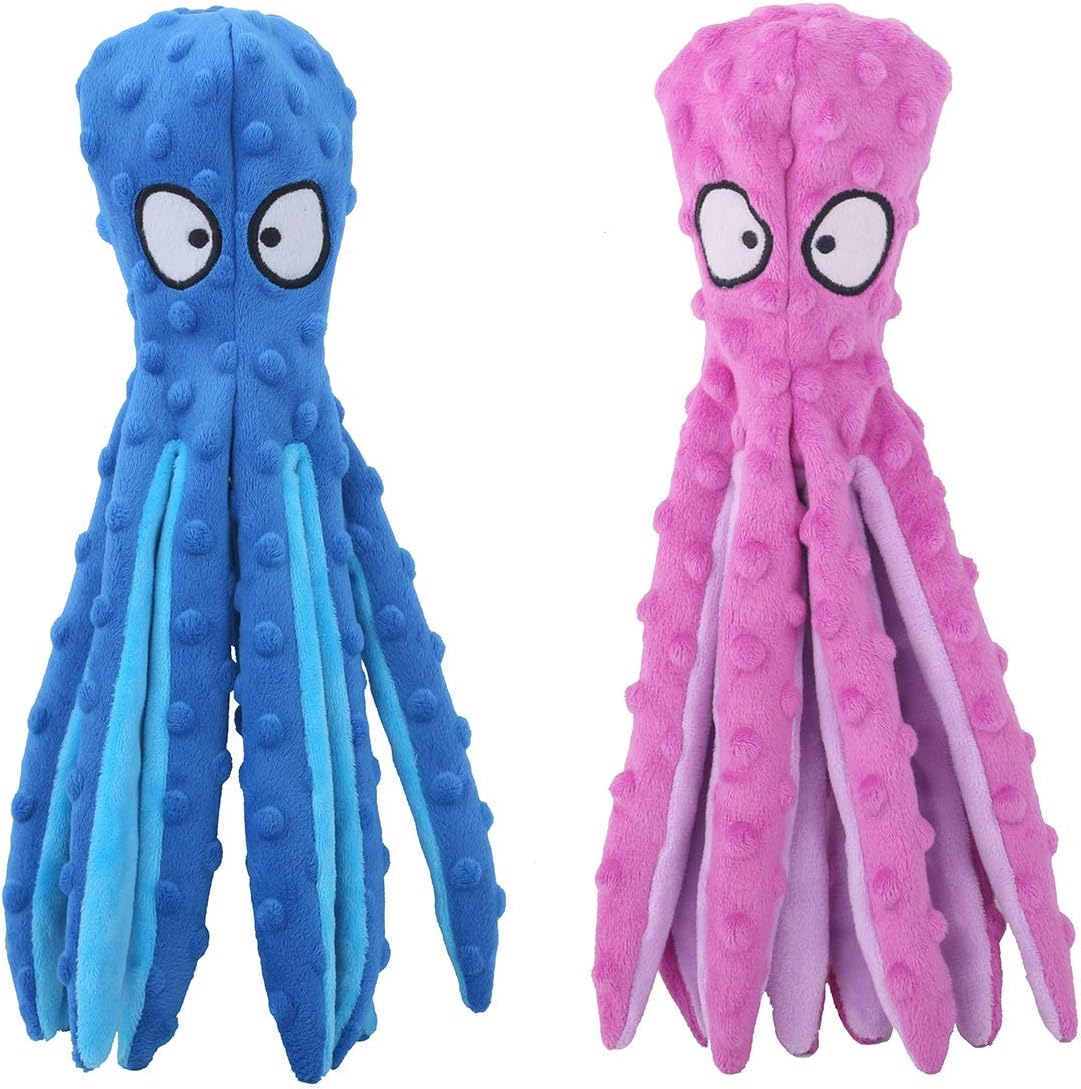 Blue and pink octopus squeaky dog toys plush with round eyes and tentacles