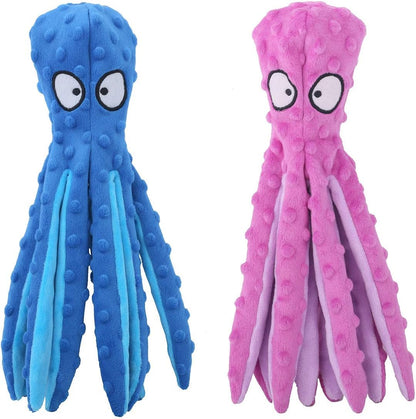 Blue and pink octopus squeaky dog toys plush with round eyes and tentacles